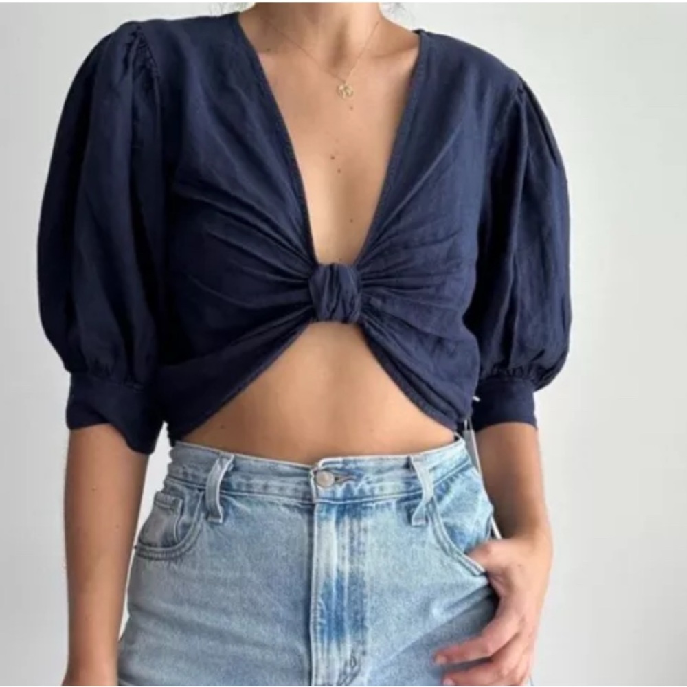 Young Fabulous & Broke cinch front navy linen crop top
